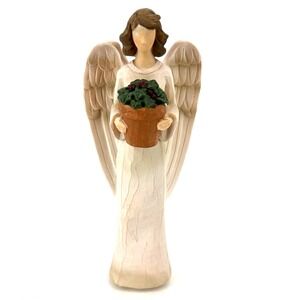 2005 Seagull Studios Guardian Angels Holding A Plant Figurine Christmas Berry 8"